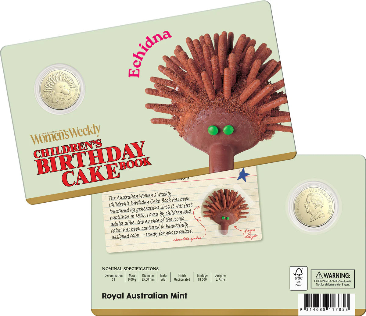 AWW Birthday Cake Echidna 2025 $1 Uncirculated Coin in Card AWW Birthday Cake Echidna 2025 $1 Uncirculated Coin in Card